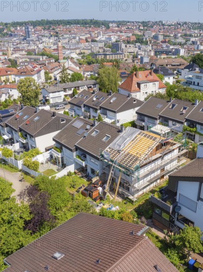 Bird's eye view of a house under renovation in a suburban area with urban view, roof renovation, house construction, Pforzheim, Germany