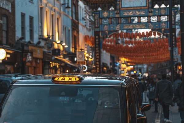 Black taxi cab parked on a london street adorned with chinese lanterns during chinese new year celebrations, creating a vibrant urban scene