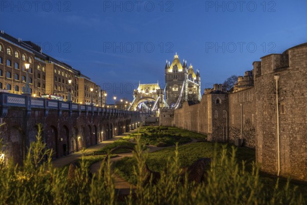 Tower bridge and the tower of london stand majestically illuminated against the twilight sky, showcasing london's historical landmarks