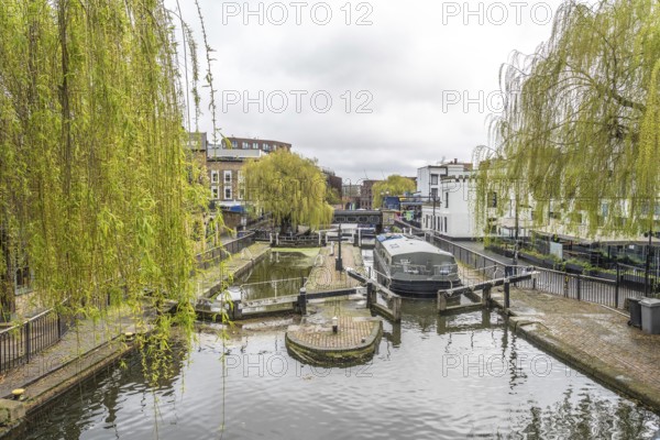 Regent's canal flowing through camden town lock, with weeping willow branches framing the scene and a narrowboat moored in the lock, capturing the essence of london's canals