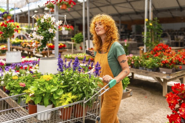 Woman pushing a shopping cart filled with vibrant flowers and lush plants while navigating through a bright greenhouse environment