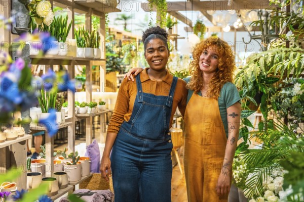 Two joyful florists posing together in their vibrant flower shop, surrounded by a colorful array of plants and beautiful blooms