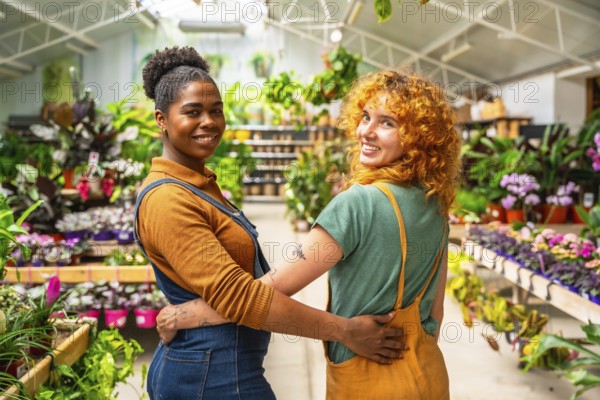 Two happy florists are hugging each other, smiling, while working in their plant nursery greenhouse