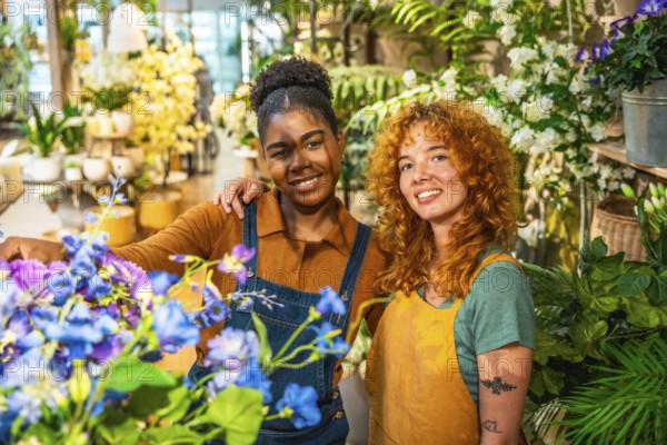 Two happy multiethnic female florists are smiling and posing surrounded by colorful flowers and plants in their flower shop
