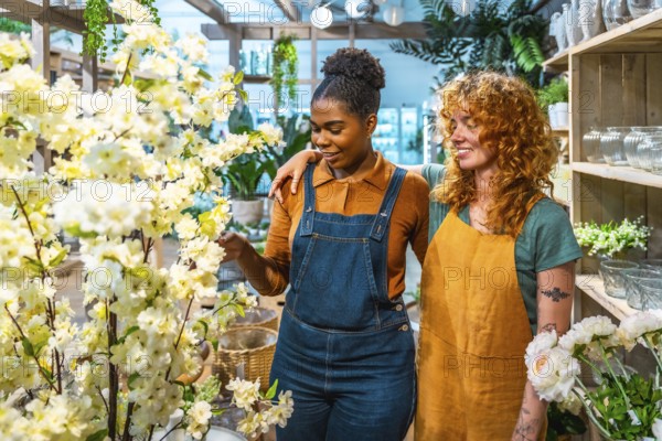Two smiling female florists are looking and touching white flowers while working together in their flower shop