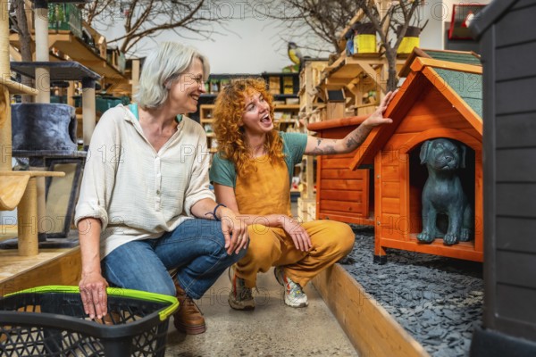 Smiling saleswoman showing a wooden dog house with a dog statue inside to a customer holding a shopping basket in a pet shop