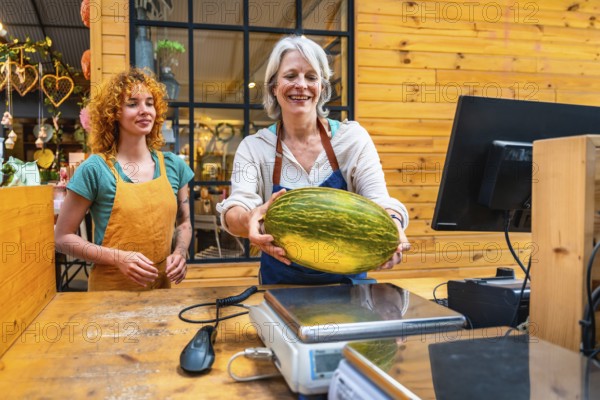Senior greengrocer carefully weighing a fresh, organic melon in her store, assisted by a younger colleague, ready to serve customers