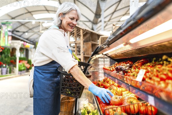Senior greengrocer with gloves arranging fresh tomatoes on display at farmers market, small business and healthy organic food concept