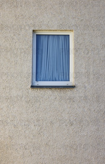 House facade, window with blue curtain, Steyr, Upper Austria, Austria