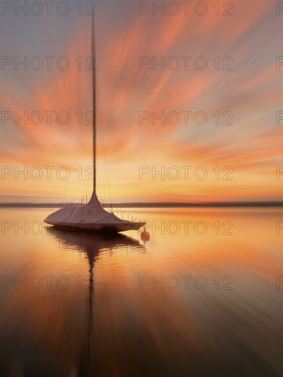 Evening mood, sailing boat on Lake Starnberg, zoom effect, Bavaria, Germany