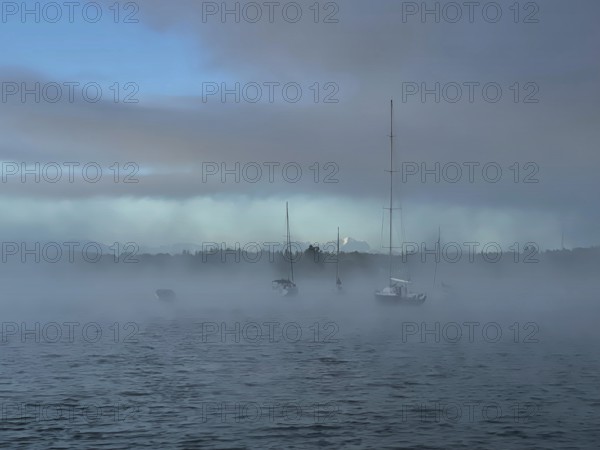 Sailing boats on Lake Starnberg with fog, Bavaria, Germany