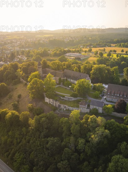 Aerial view of a monastery surrounded by dense vegetation at sunset, event and wedding location Lorch Monastery, Lorch, Germany
