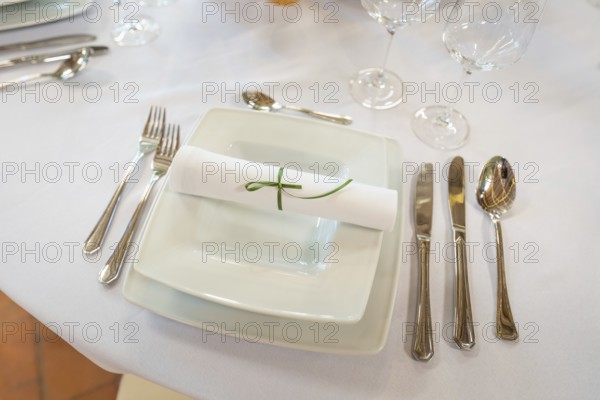 Minimalist table decoration with folded napkin and elegant cutlery, event and wedding location Kloster Lorch, Lorch, Germany