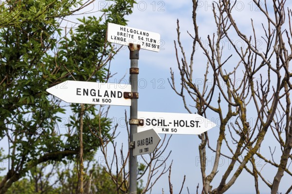 Signposts to England, Schleswig-Holstein, Zanzibar, longitude, latitude, signs on the island of Heligoland, Schleswig-Holstein, Germany