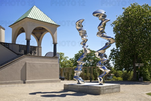 Stainless steel sculpture entitled Points of View by Tony Cragg in front of the exhibition building, Mathildenhöhe, UNESCO World Heritage Site, Darmstadt, Germany