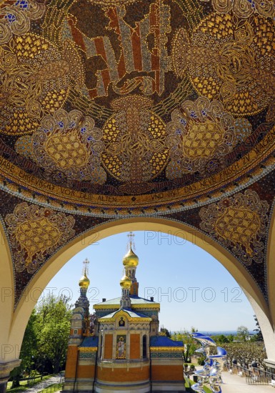 View from the pavilion with artistic mosaic of the Russian Chapel, Mathildenhöhe, UNESCO World Heritage Site, Darmstadt, Hesse, Germany