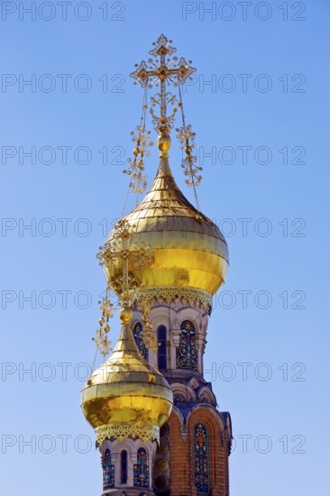 Gilded domes of the Russian Chapel, Mathildenhöhe, Darmstadt, Hesse, Germany