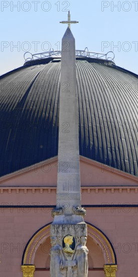 Alice monument, also known as Alice obelisk, in front of the dome of St Ludwig's, the main Catholic church in Darmstadt, Hesse, Germany