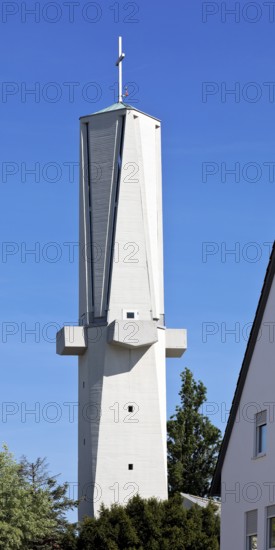 Spire of the Roman Catholic Church of St Fidelis, brutalist building, Mornewegviertel, Darmstadt, Hesse, Germany