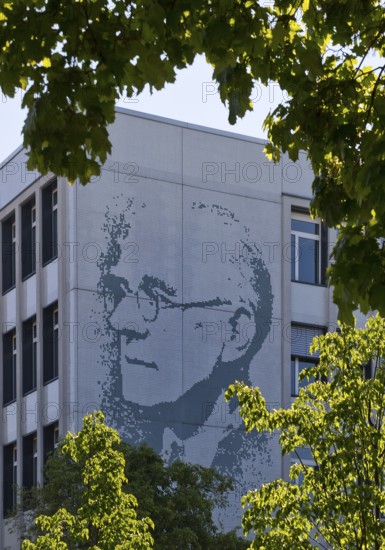 Vocational school centre Mitte Peter-Behrens-Schule with the portrait of Peter Behrens on the exterior facade, Darmstadt, Hesse, Germany