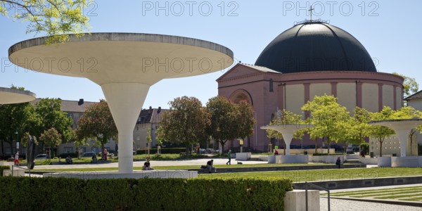 Georg-Büchner-Platz with white concrete mushrooms and St Ludwig's Church, public square, Darmstadt, Hesse, Germany