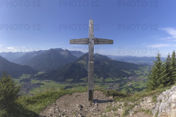 Panorama from Hirschberg, 1456m, into Ostrachtal with Bad Oberdorf, Bad Hindelang and Imberger Horn, 1656m, Oberallgäu, Allgäu, Swabia, Bavaria, Germany
