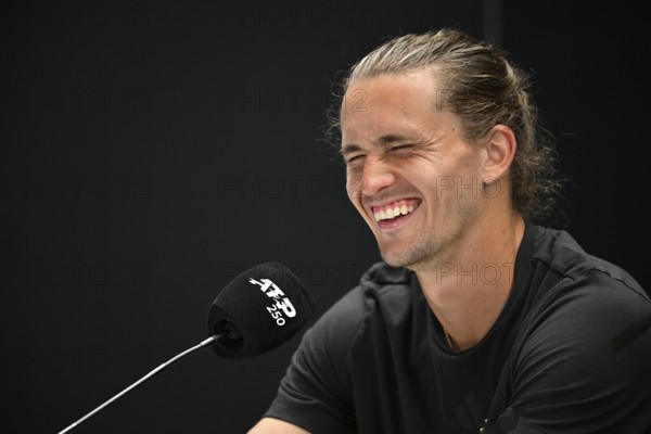Press conference, PK, portrait, Alexander Zverev GER, laughs heartily, tennis, ATP 250, BOSS Open 2025, Stuttgart, Baden-Württemberg, Germany