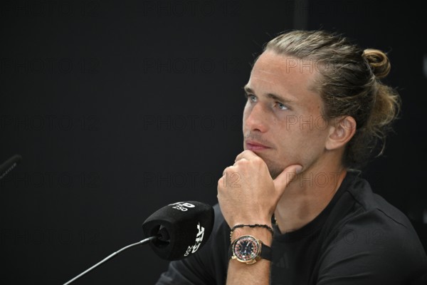 Press conference, press conference, portrait, Alexander Zverev GER, thoughtful, gesture, gesture, Jacob & Co Casino Roulette Tourbillon wristwatch, tennis, ATP 250, BOSS Open 2025, Stuttgart, Baden-Württemberg, Germany