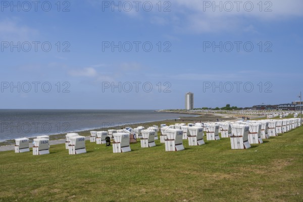 Beach chairs on the green beach, high-rise building, Büsum, North Sea, Schleswig-Holstein, Germany