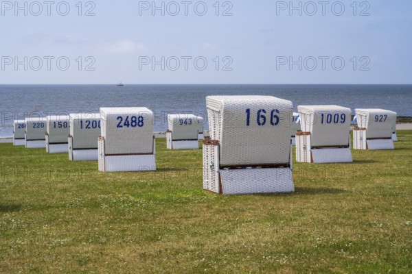 Beach chairs on the green beach, graphically orientated, Büsum, North Sea, Schleswig-Holstein, Germany