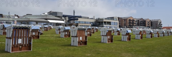 Beach chairs on the green beach, centre, Büsum, North Sea, Schleswig-Holstein, Germany
