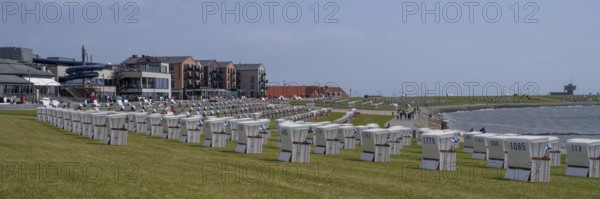 Beach chairs on the green beach, building on the promenade, Büsum, North Sea, Schleswig-Holstein, Germany