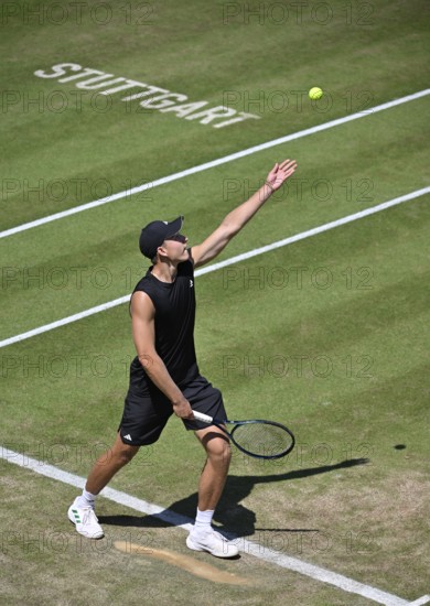 Justin Engel GER Action Serve Logo STUTTGART on grass, Tennis, ATP 250, BOSS Open 2025, Stuttgart, Baden-Württemberg, Germany