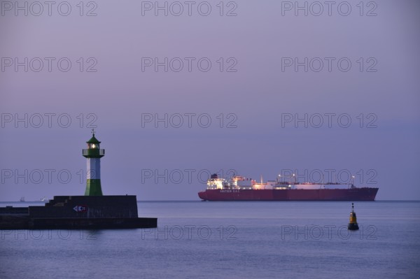LNG tanker Iberica Knutsen at the Sassnitz lighthouse on Rügen, Mecklenburg-Western Pomerania, Germany