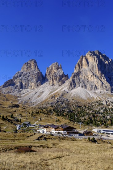 Sassolungo, Sassopiatto from the Sella Pass, Passo Sella, Dolomites, South Tyrol, Italy