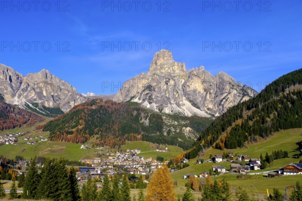Corvara and Colfosco, with Sassongher, Alta Badia, Val Badia, Dolomites, South Tyrol, Italy