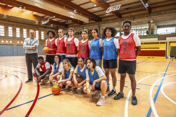 High school basketball team posing for a photo with their coach on the court, ready for the game, teamwork and school spirit
