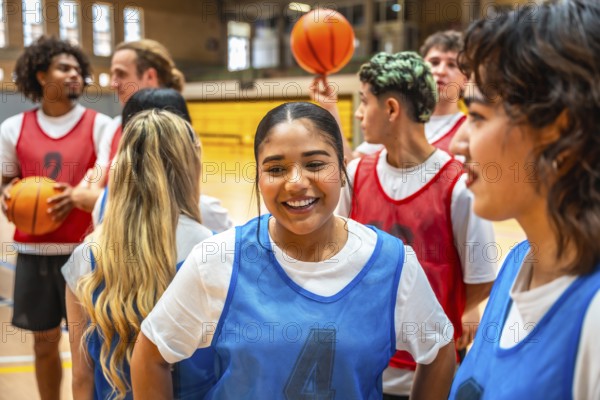 Happy basketball players chatting and smiling during a game break in a gymnasium, enjoying camaraderie and teamwork together