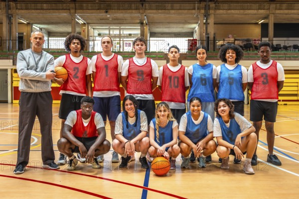 Diverse high school basketball team posing confidently for a group photo with their coach on the court, showcasing teamwork and unity