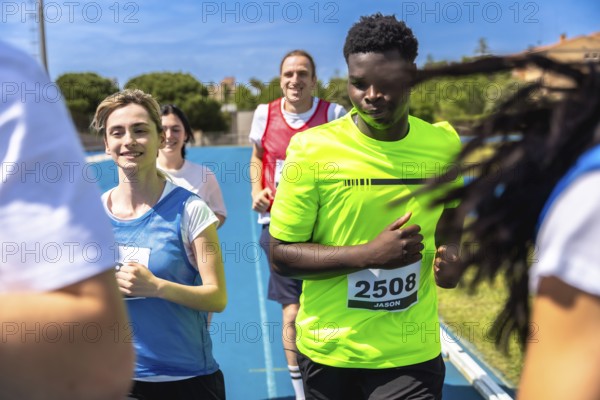 Runners competing fiercely in a race on a vibrant blue track, showcasing their determination and effort in pursuit of victory