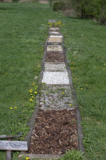 Barefoot path with various floor materials, Doos, Upper Franconia, Bavaria, Germany