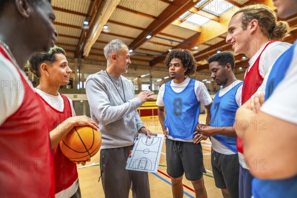 Basketball coach discussing game strategy with team members while using a clipboard on the basketball court during a training session