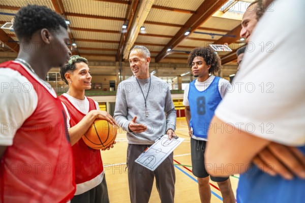 Basketball coach explaining game strategy to a multi ethnic team using a clipboard in a gymnasium, fostering teamwork and focus