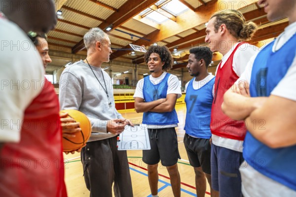 Basketball coach holding ball and clipboard explaining game strategy to diverse team players in gymnasium