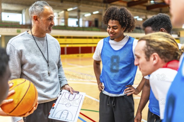 Basketball coach holding ball and clipboard explaining game strategy to team players in gymnasium
