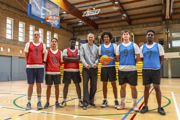 Multi ethnic basketball team and their coach standing together on the court after a training session, showcasing teamwork and sportsmanship