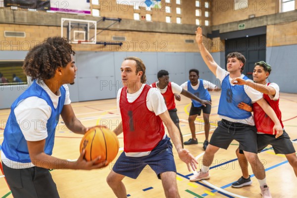Group of young basketball players engaging in an intense match within a gymnasium, showcasing teamwork and athletic skills on the court