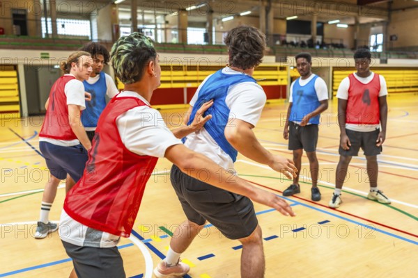 Young basketball players practicing in a gym, focusing on teamwork and skill development during a dynamic training session
