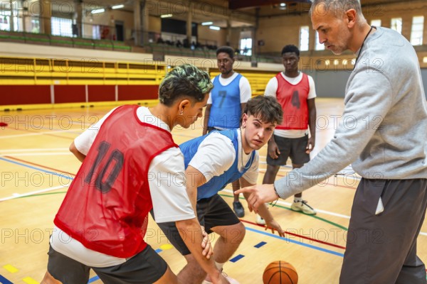 Basketball coach guiding young players, explaining tactics and positions on the court during practice