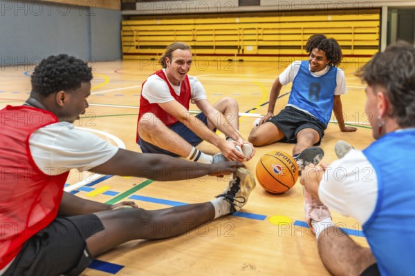 Four happy basketball players stretching their legs on the court before a game, showing teamwork and sportsmanship
